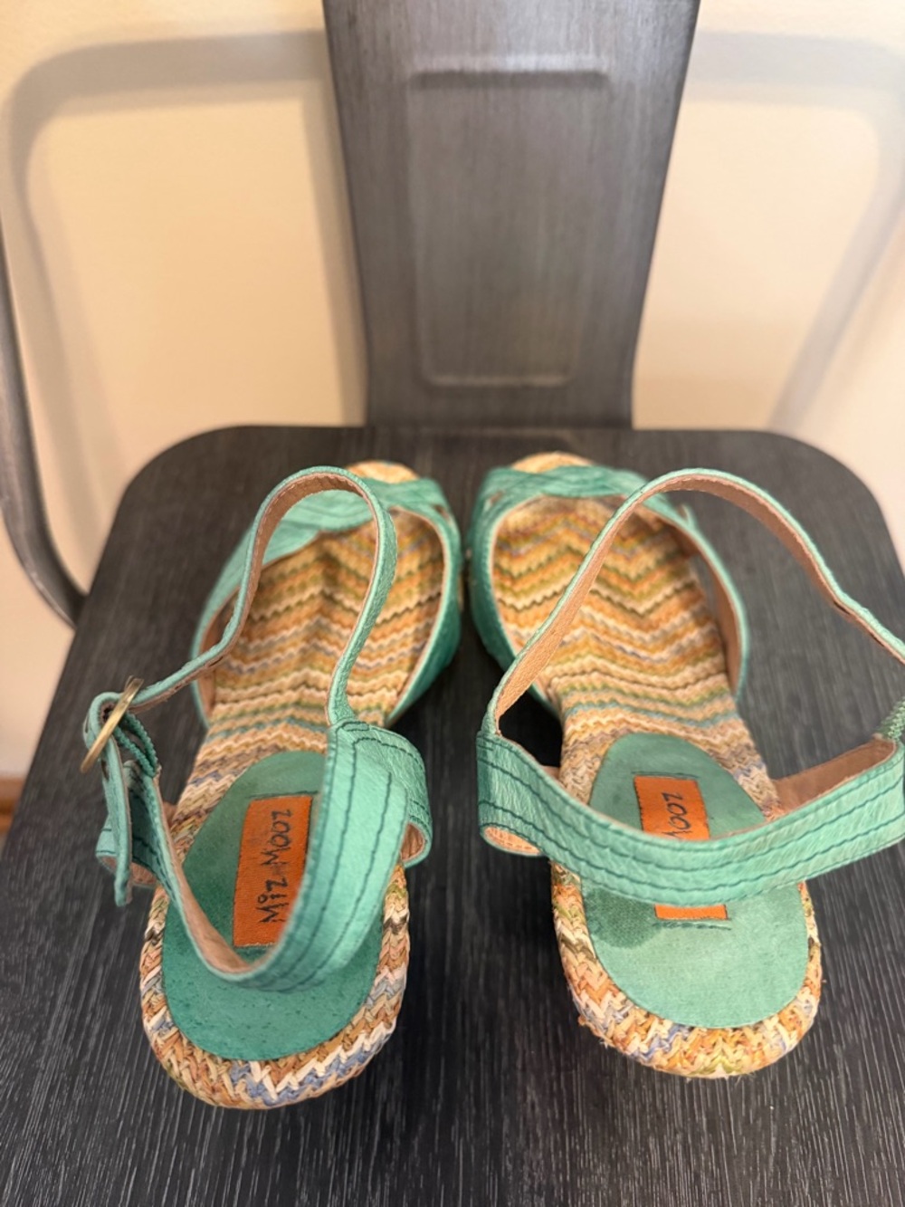 Miz Mooz Mint Green Leather Boho Heels 7.5 Woven Footbed Sandals - Picture 9 of 13